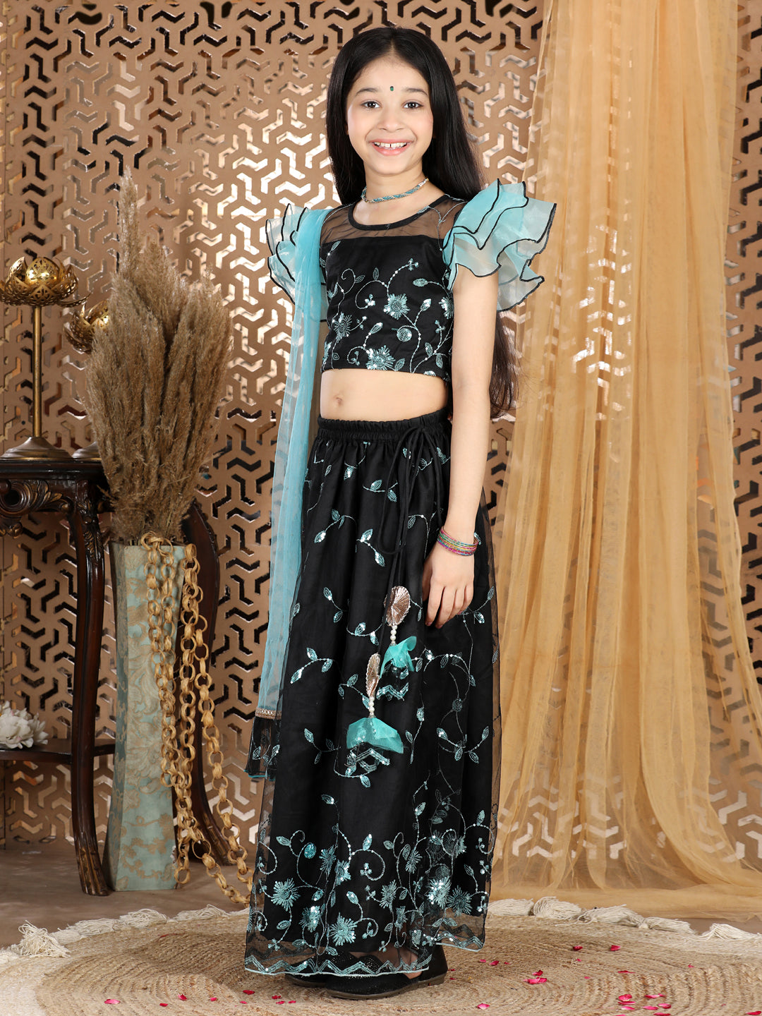 Cutiekins Sequence Work Net Lengha Choli Set- Sky Blue & Black