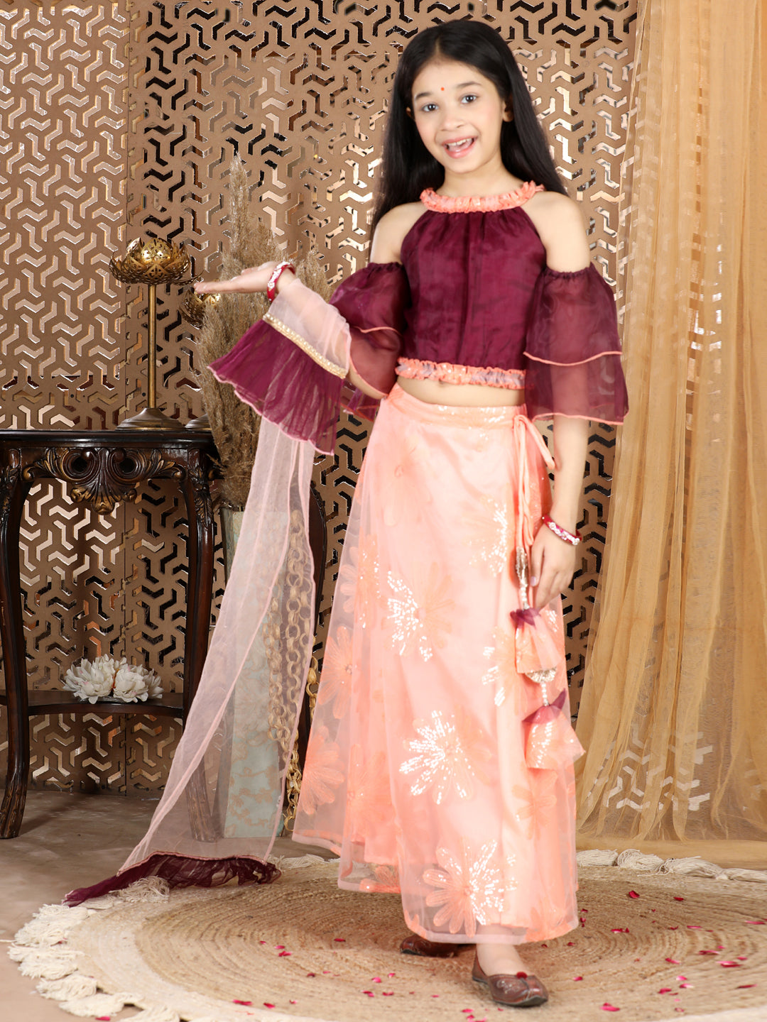 Cutiekins Cold Sholder Lengha Choli Set- Wine & Peach