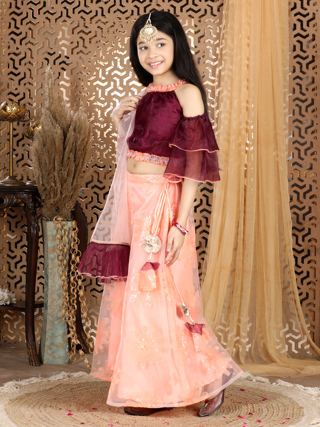 Cutiekins Cold Sholder Lengha Choli Set- Wine & Peach
