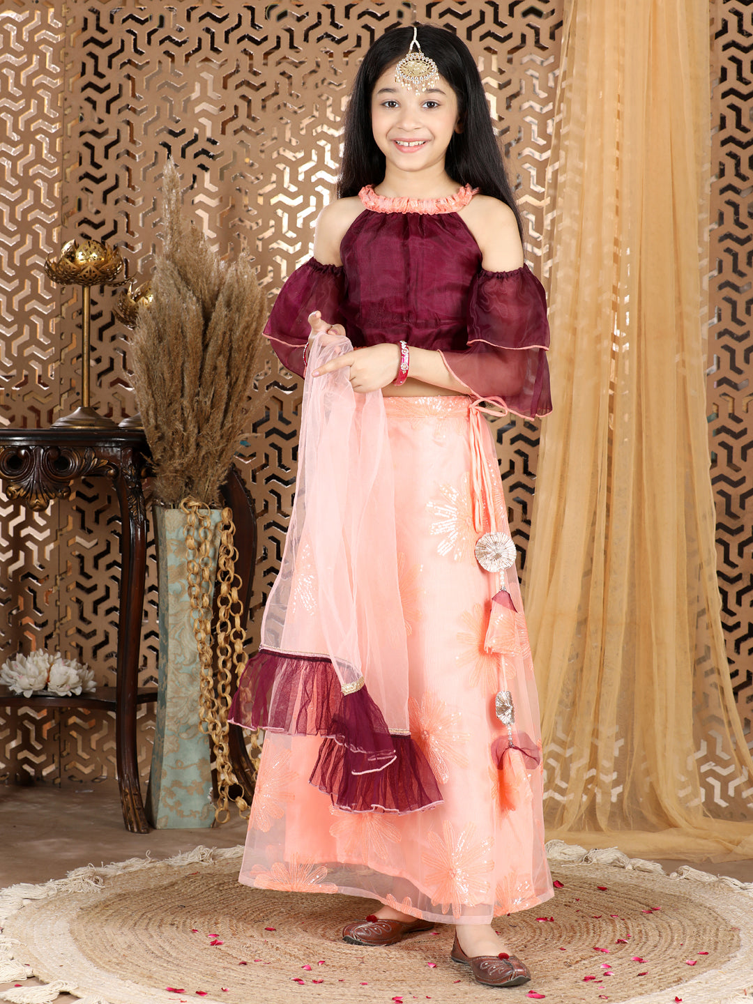Cutiekins Cold Sholder Lengha Choli Set- Wine & Peach