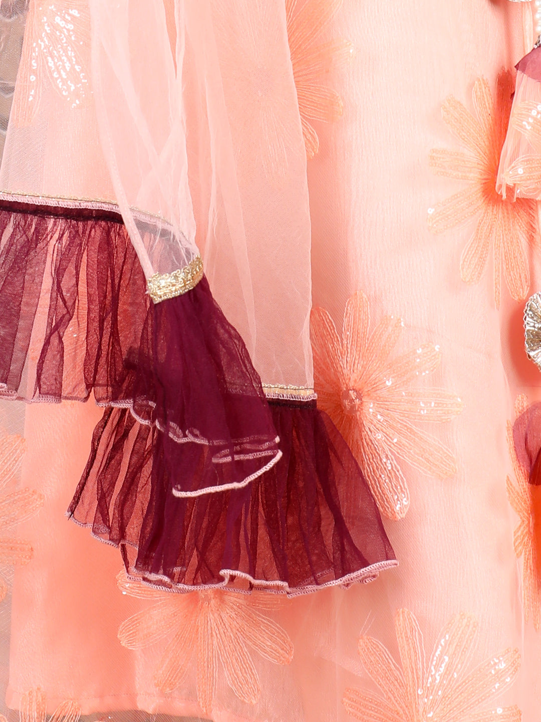 Cutiekins Cold Sholder Lengha Choli Set- Wine & Peach