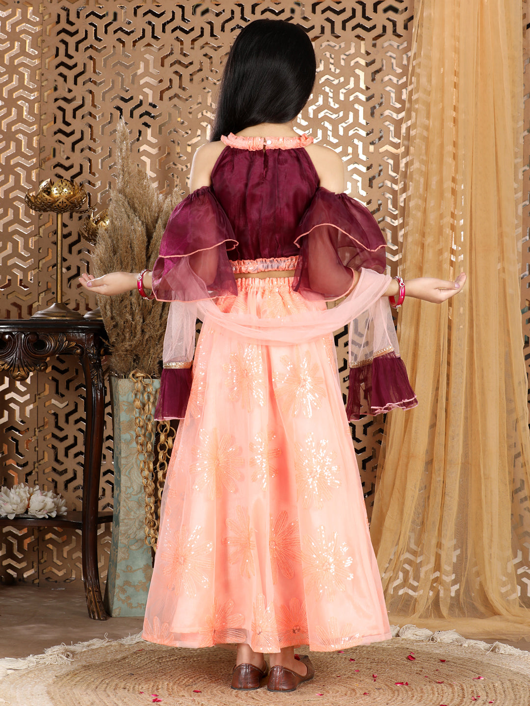 Cutiekins Cold Sholder Lengha Choli Set- Wine & Peach