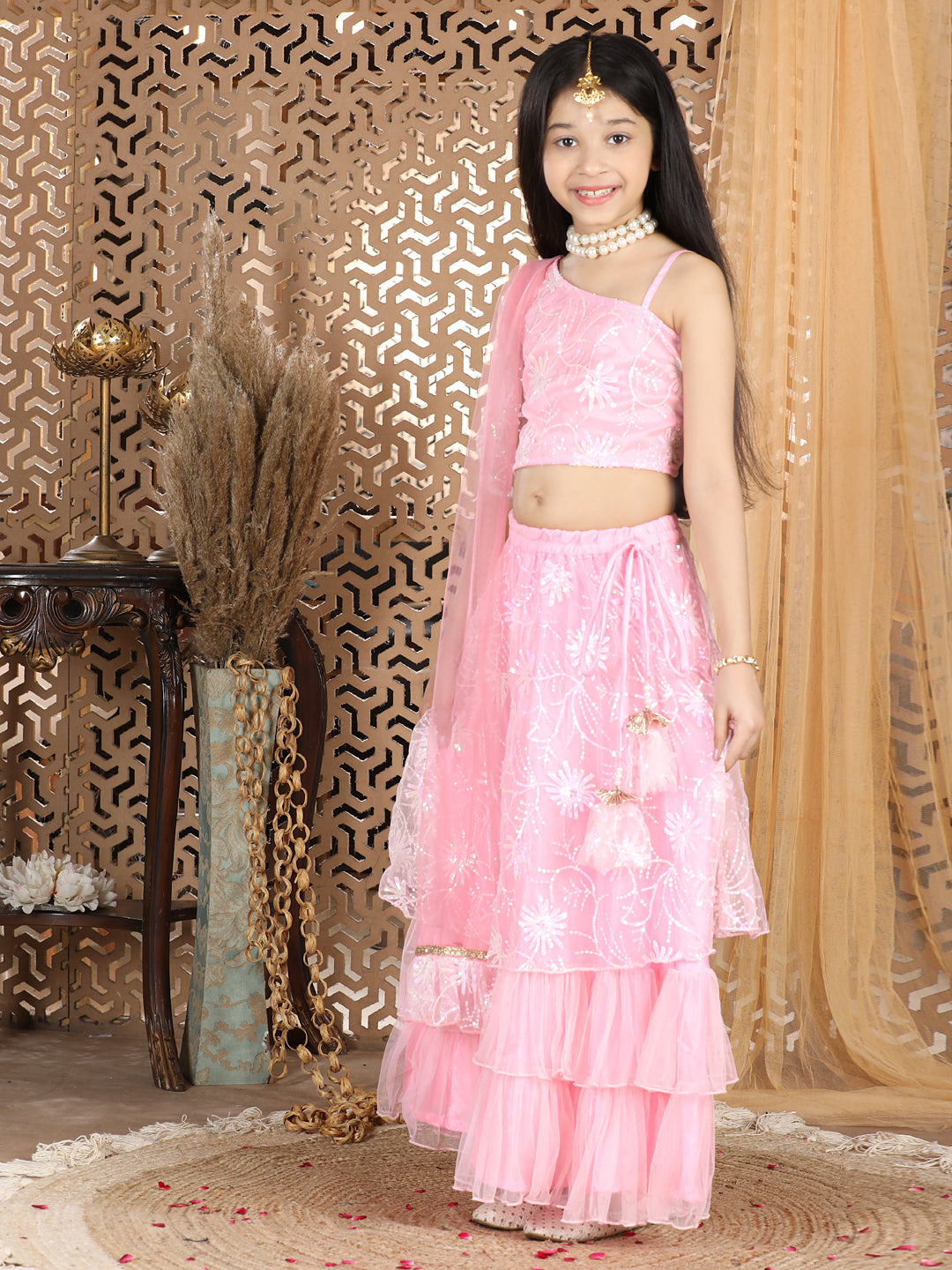Cutiekins Sequence Net Work Lengha Choli Set- Pink