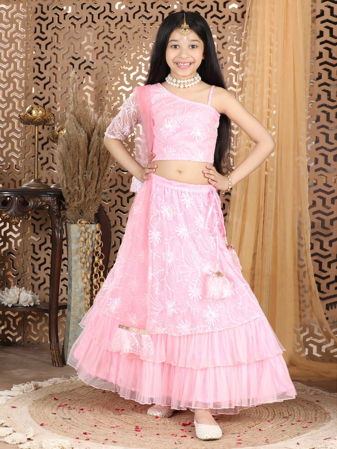 Cutiekins Sequence Net Work Lengha Choli Set- Pink
