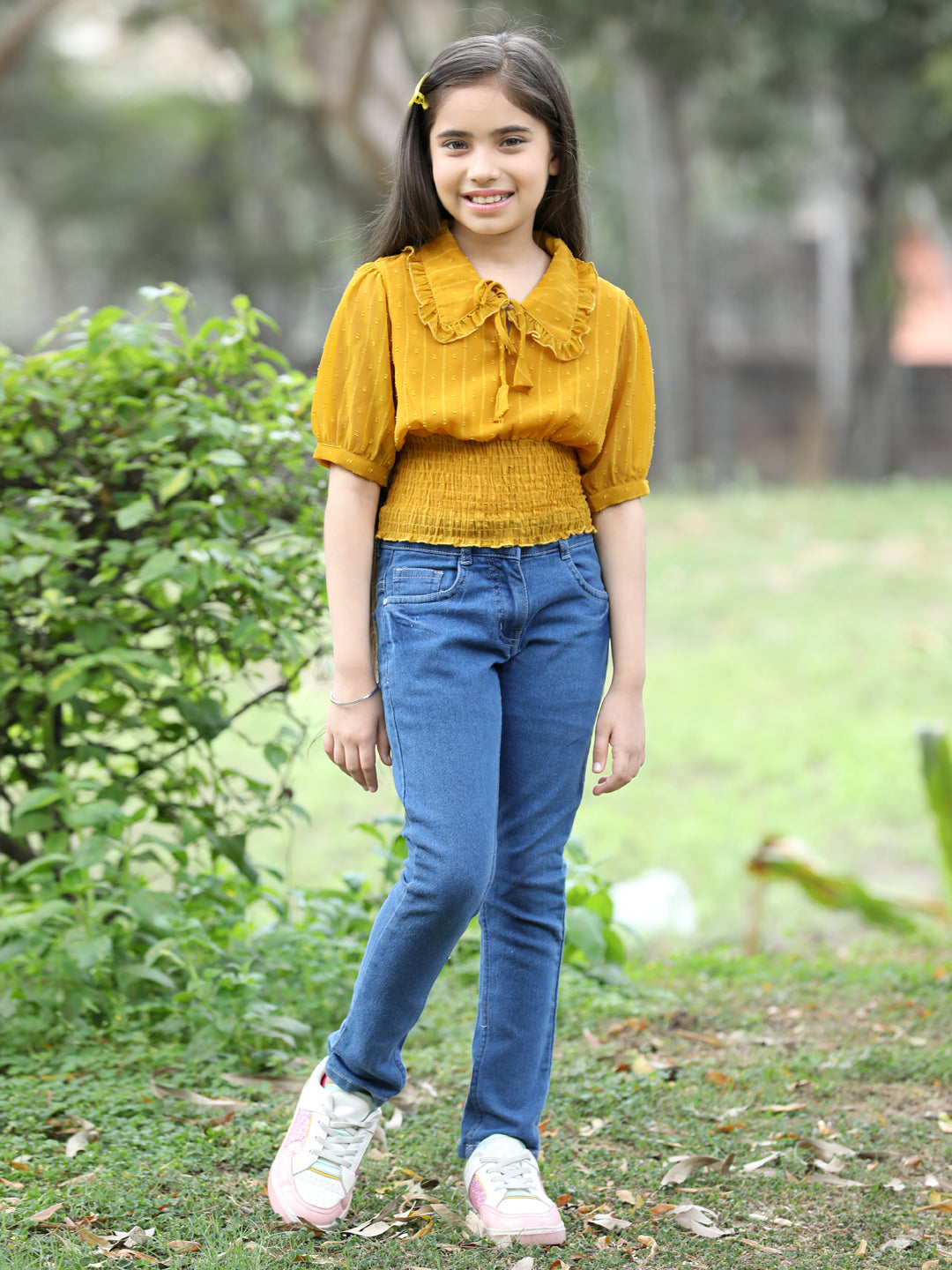 Cutiekins Peter Pan Neck Georgette Crop Top -Mustard
