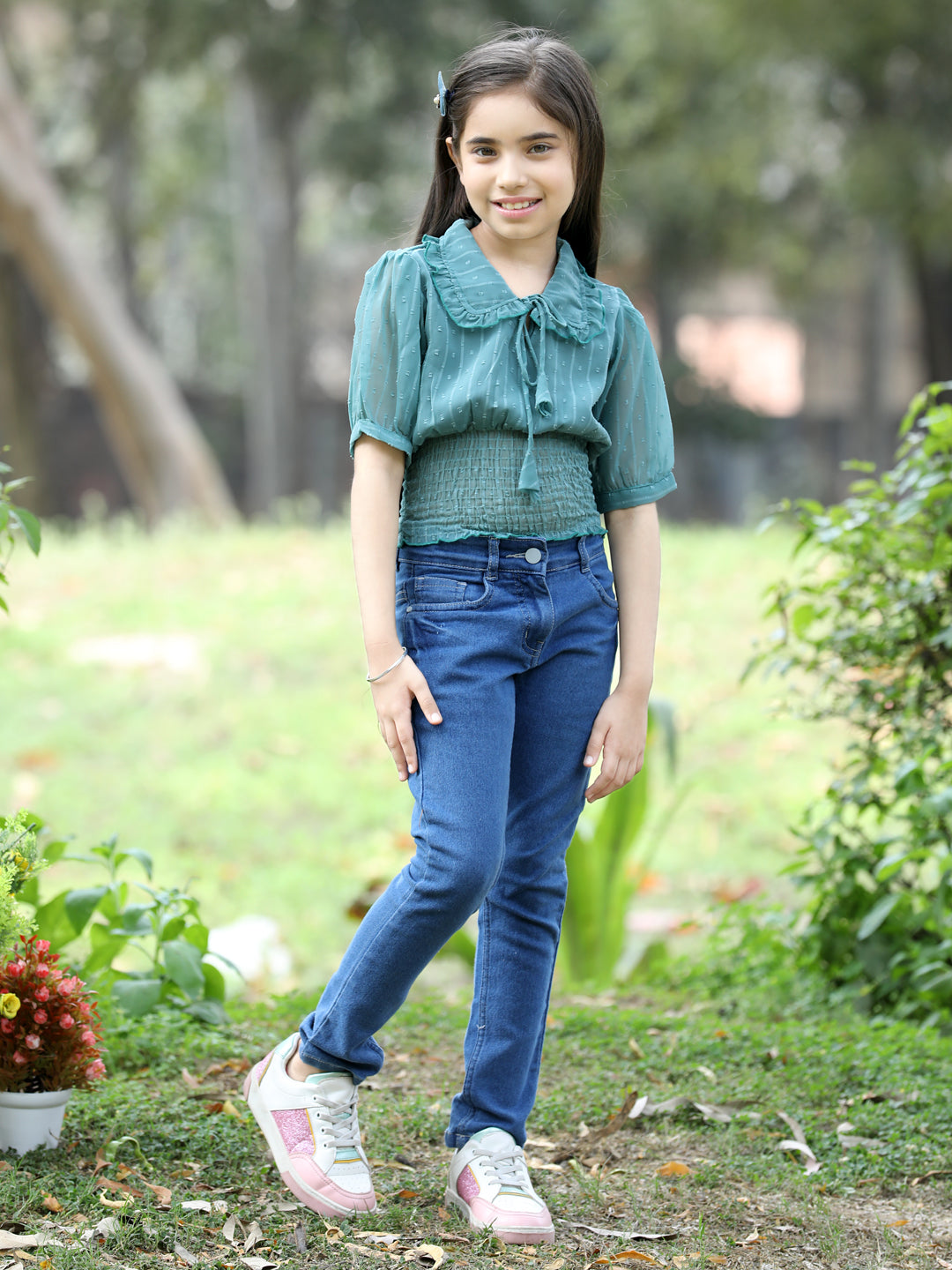 Cutiekins Peter Pan Neck Georgette Crop Top -Teal