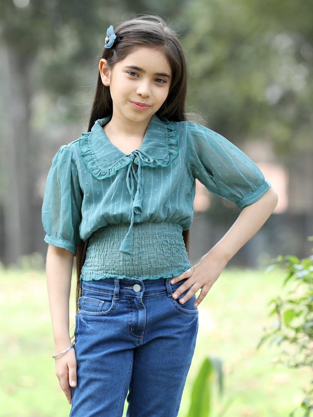 Cutiekins Peter Pan Neck Georgette Crop Top -Teal