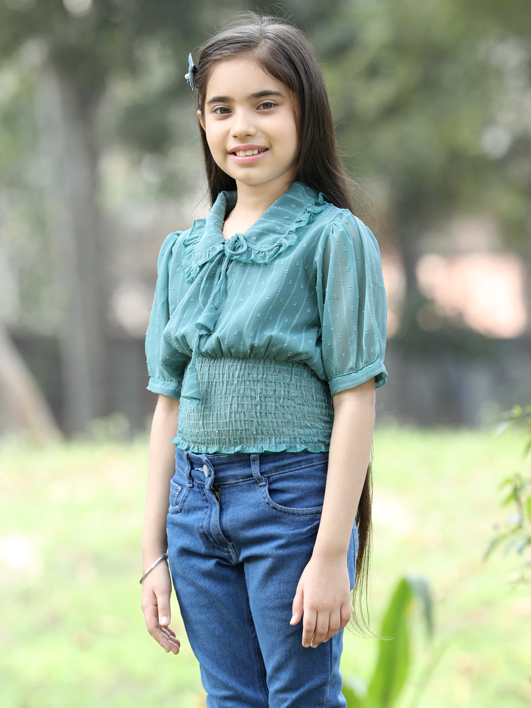 Cutiekins Peter Pan Neck Georgette Crop Top -Teal