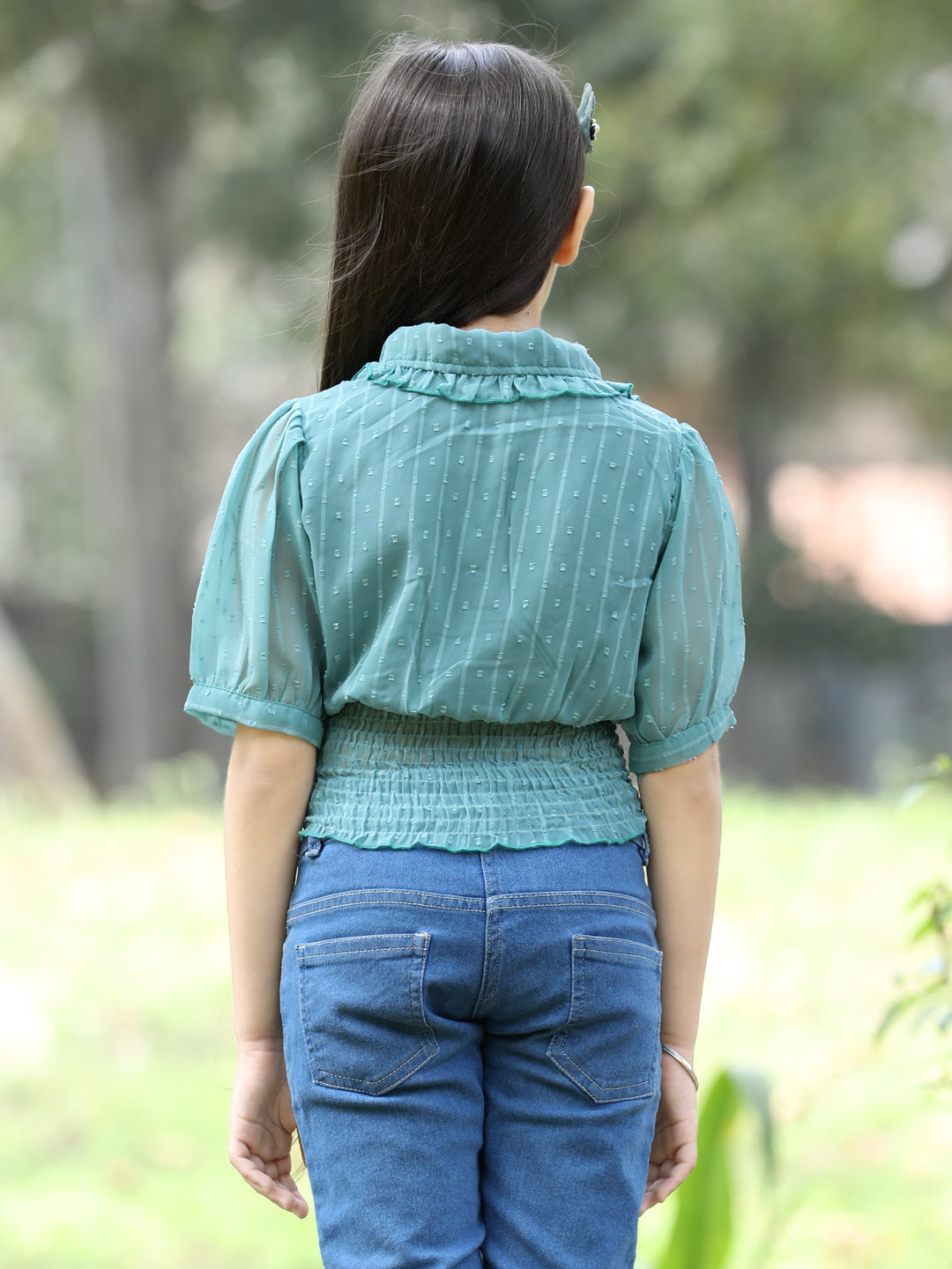 Cutiekins Peter Pan Neck Georgette Crop Top -Teal
