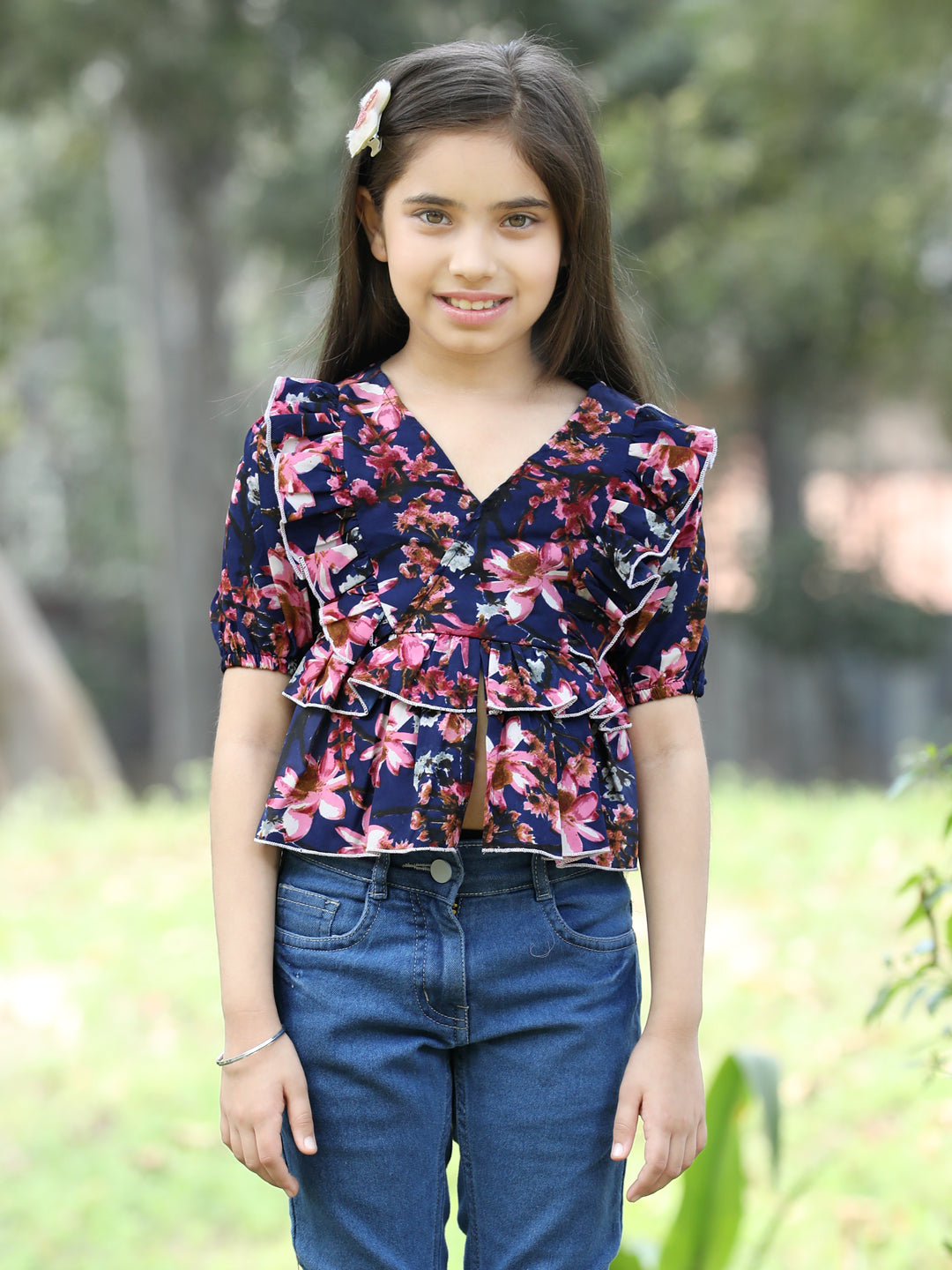 Cutiekins Floral Printed V-Neck Front Cut Top -Navy Blue & Brown