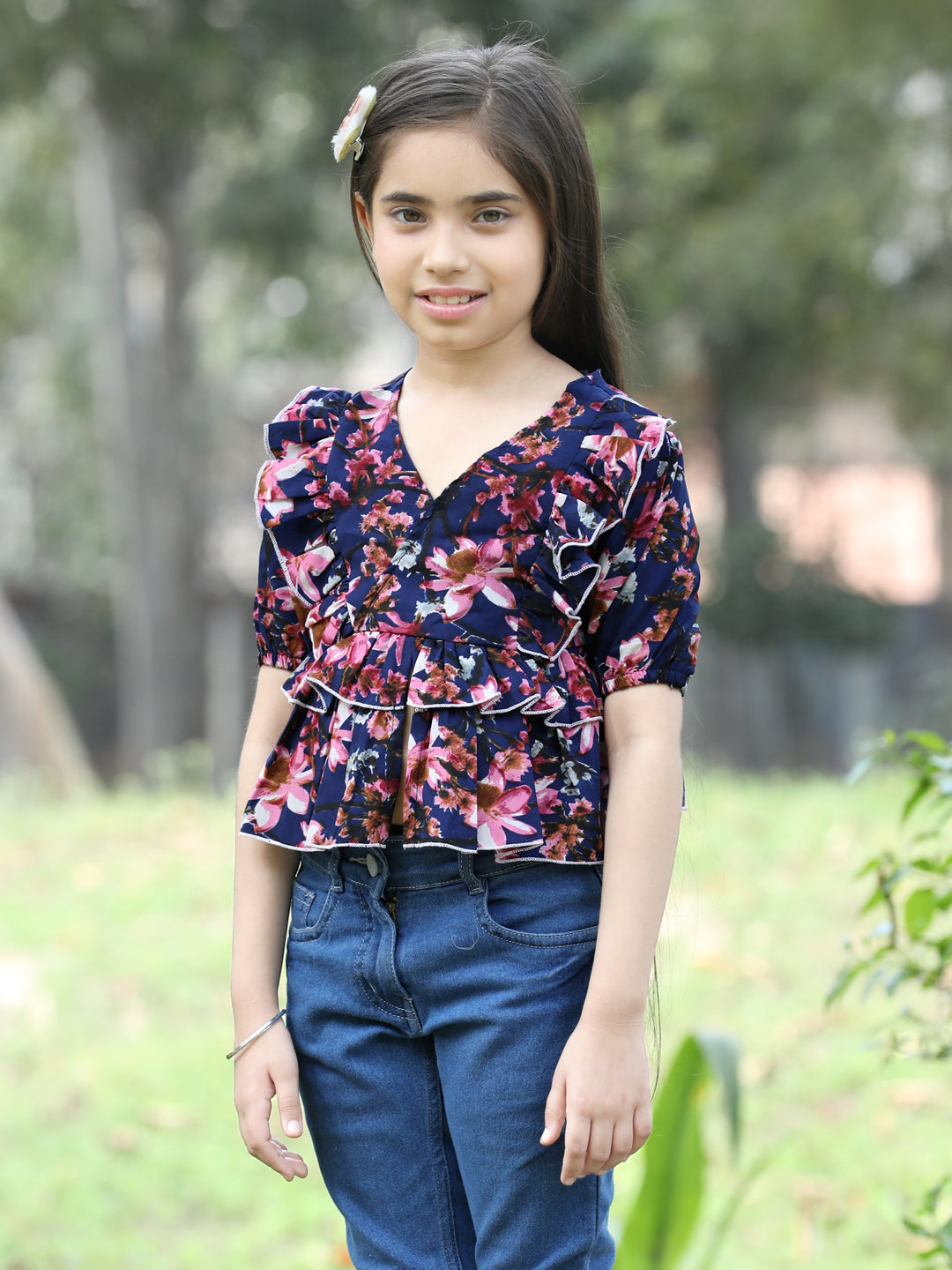 Cutiekins Floral Printed V-Neck Front Cut Top -Navy Blue & Brown