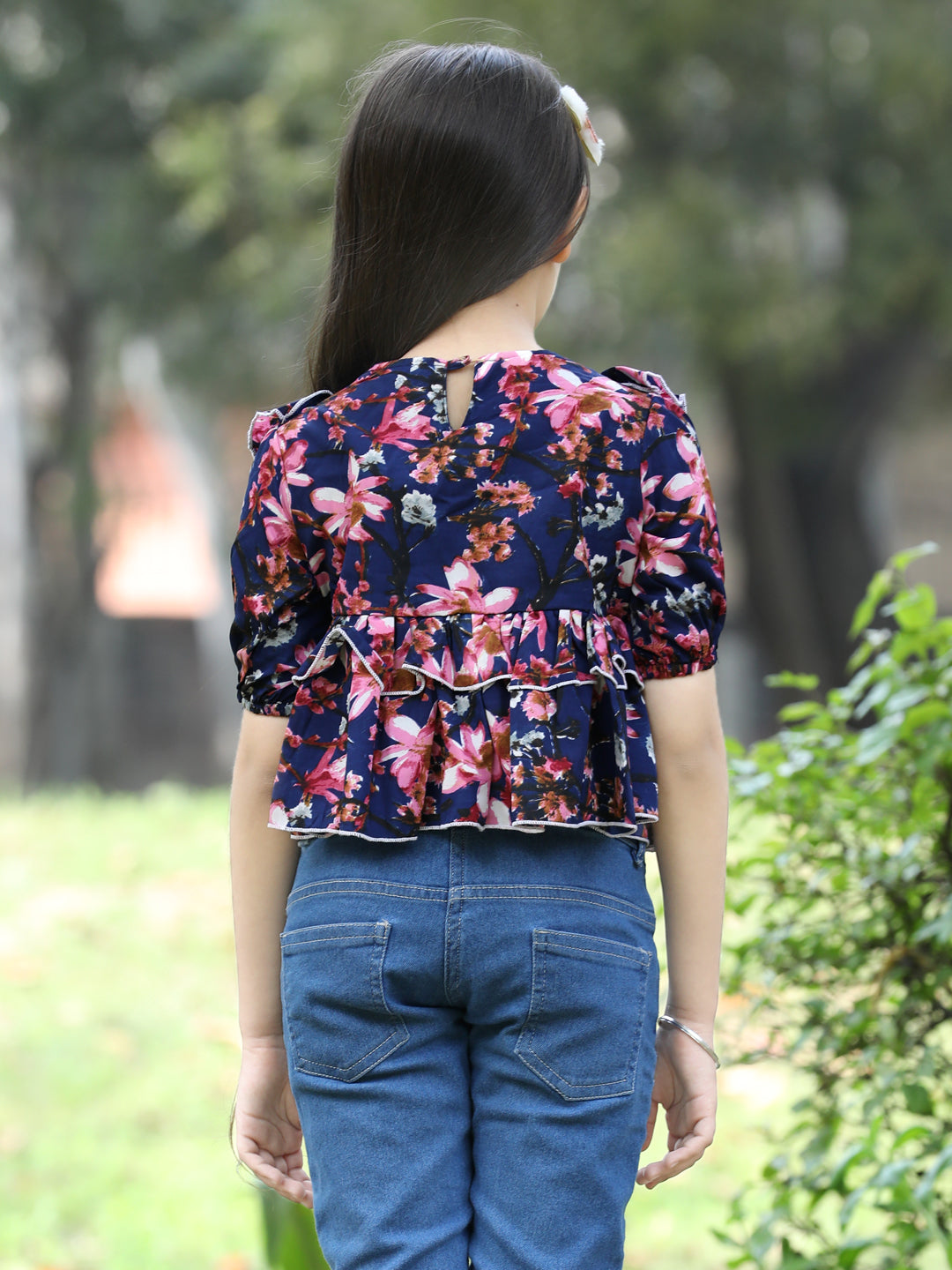 Cutiekins Floral Printed V-Neck Front Cut Top -Navy Blue & Brown