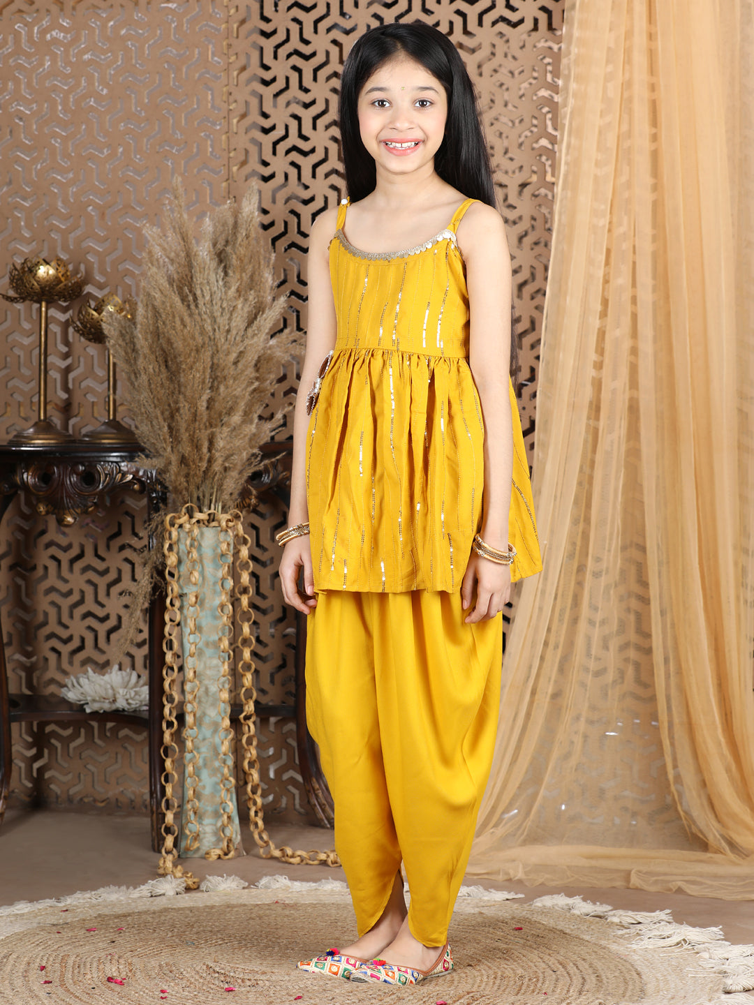 Cutiekins Sequined Peplum Top & Dhoti Set-Mustard & Golden