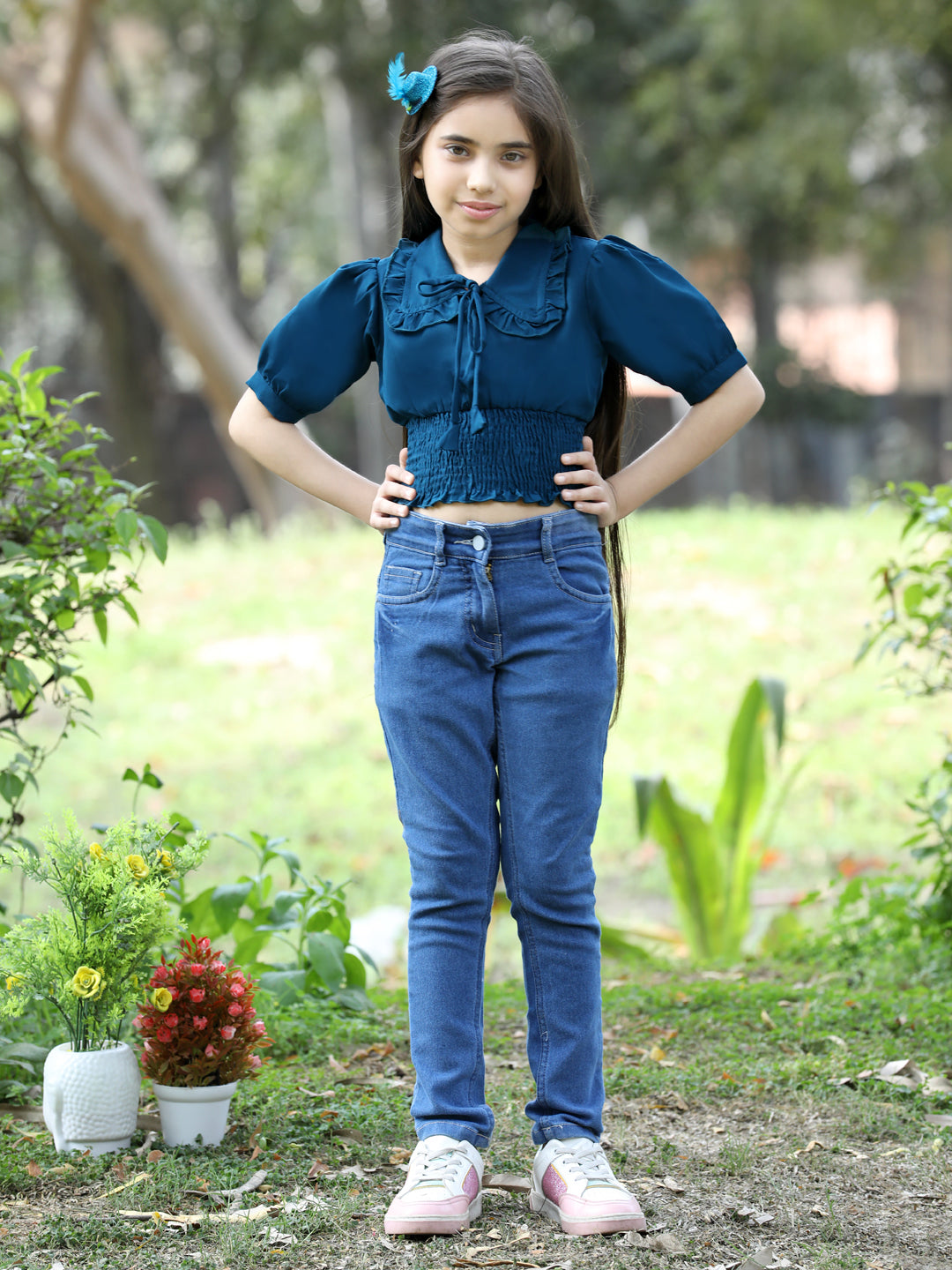 Cutiekins Printed Peter Pan Collar Polyester Top-Teal Blue