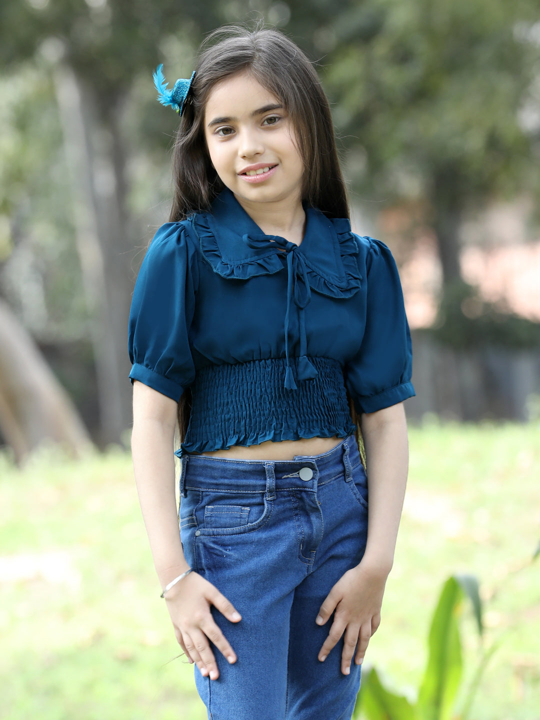 Cutiekins Printed Peter Pan Collar Polyester Top-Teal Blue