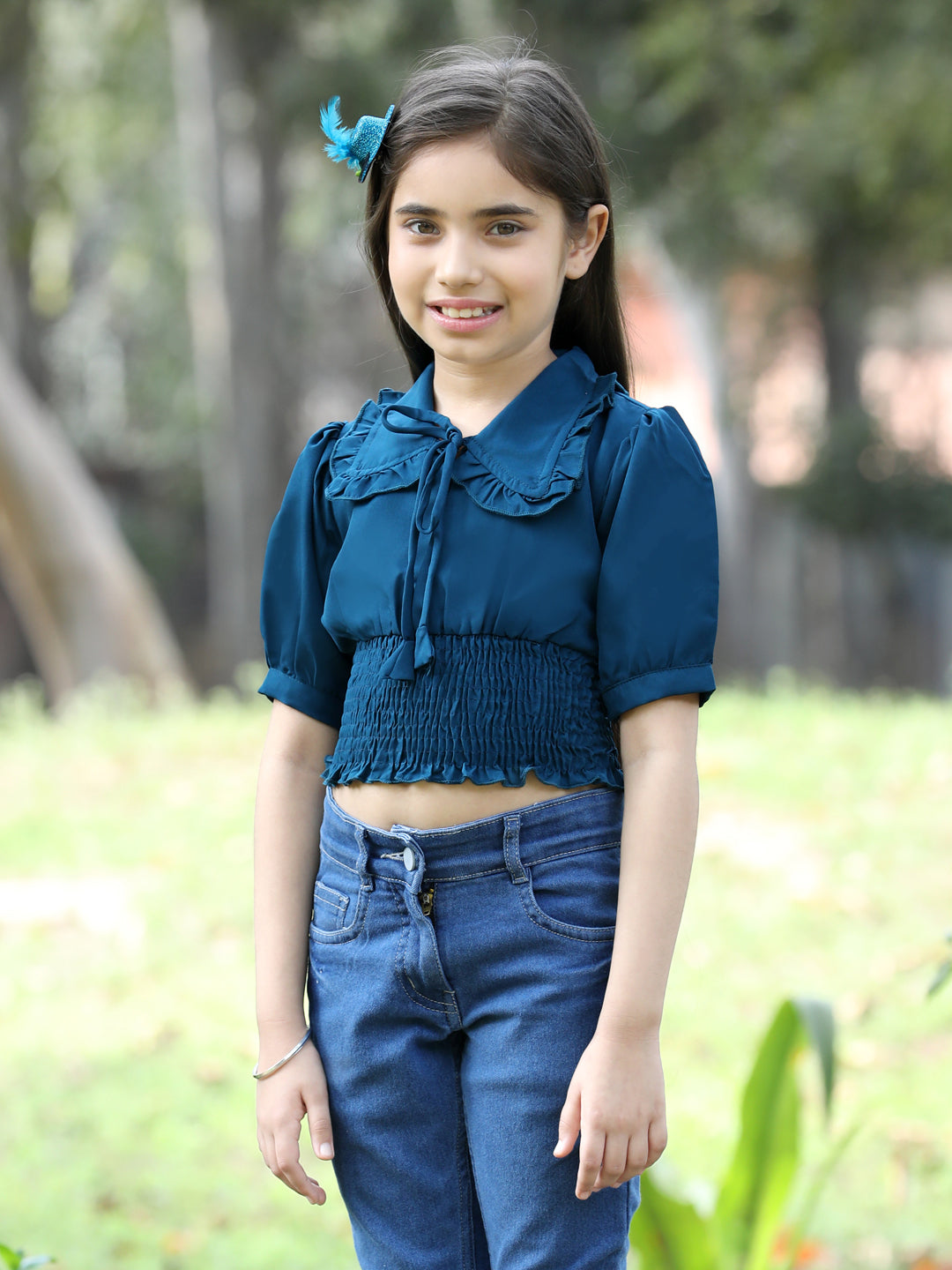 Cutiekins Printed Peter Pan Collar Polyester Top-Teal Blue