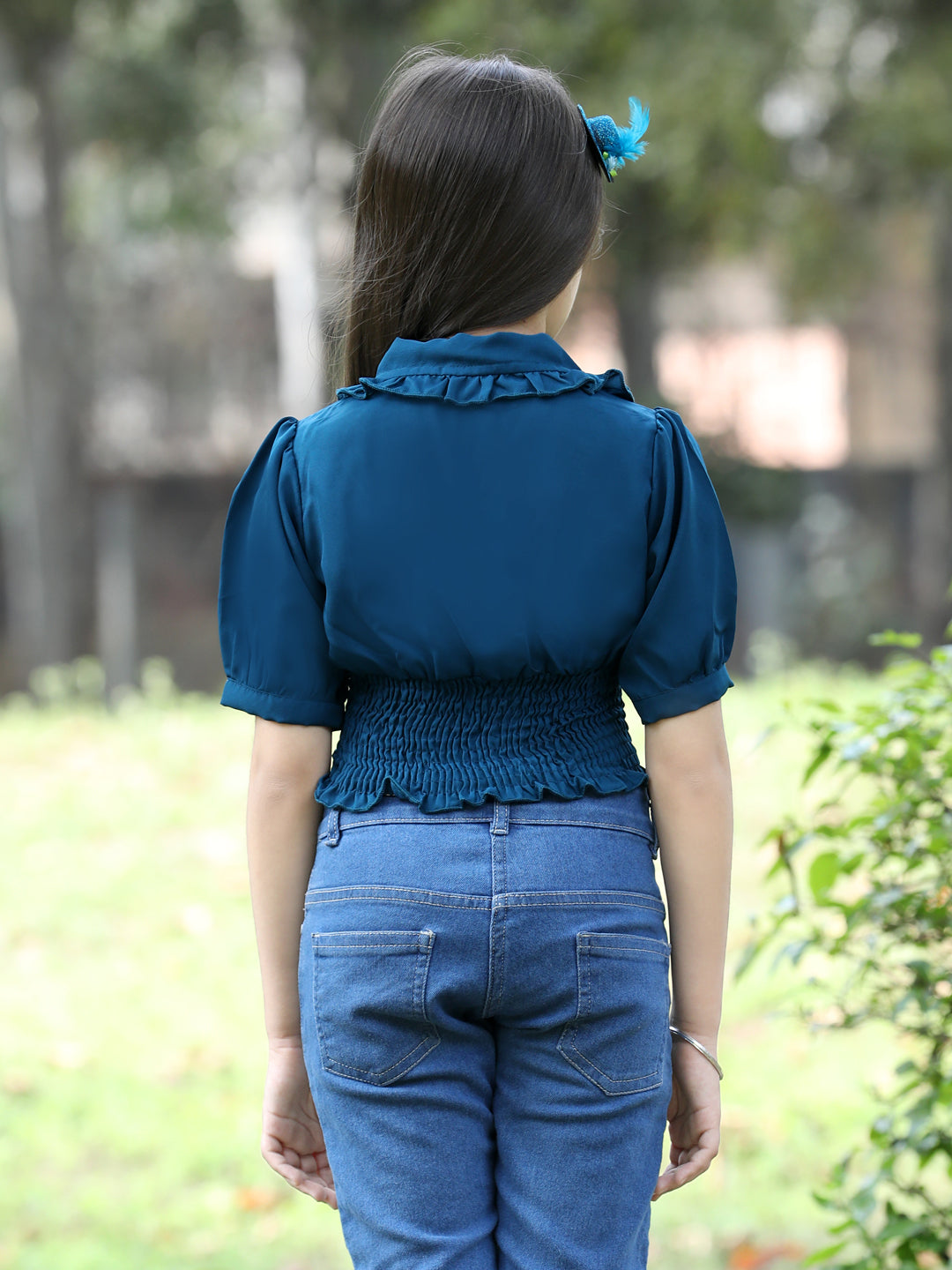 Cutiekins Printed Peter Pan Collar Polyester Top-Teal Blue