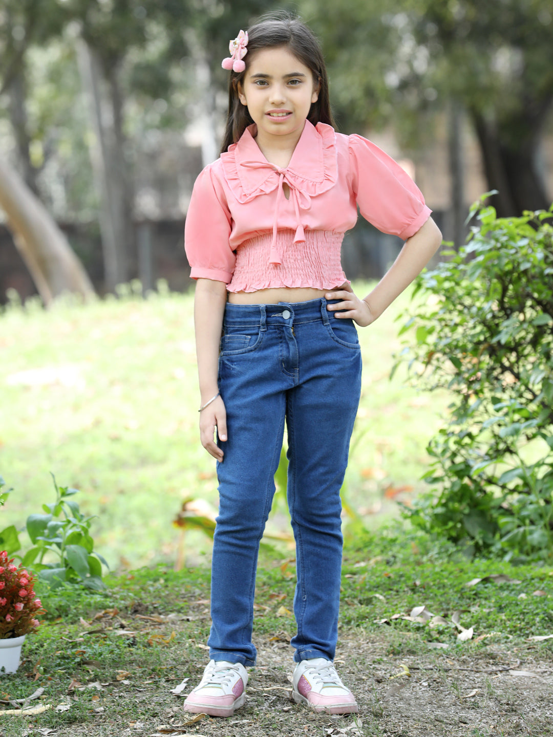 Cutiekins Printed Peter Pan Collar Polyester Top-Peach