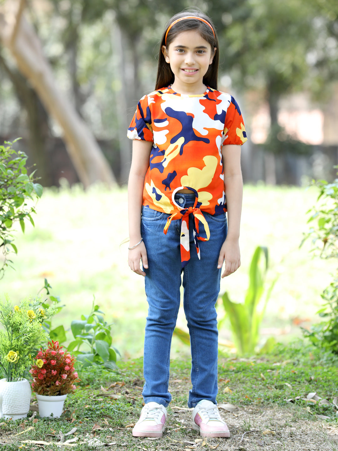 Cutiekins Printed Round Neck Polyester Top-Orange & White