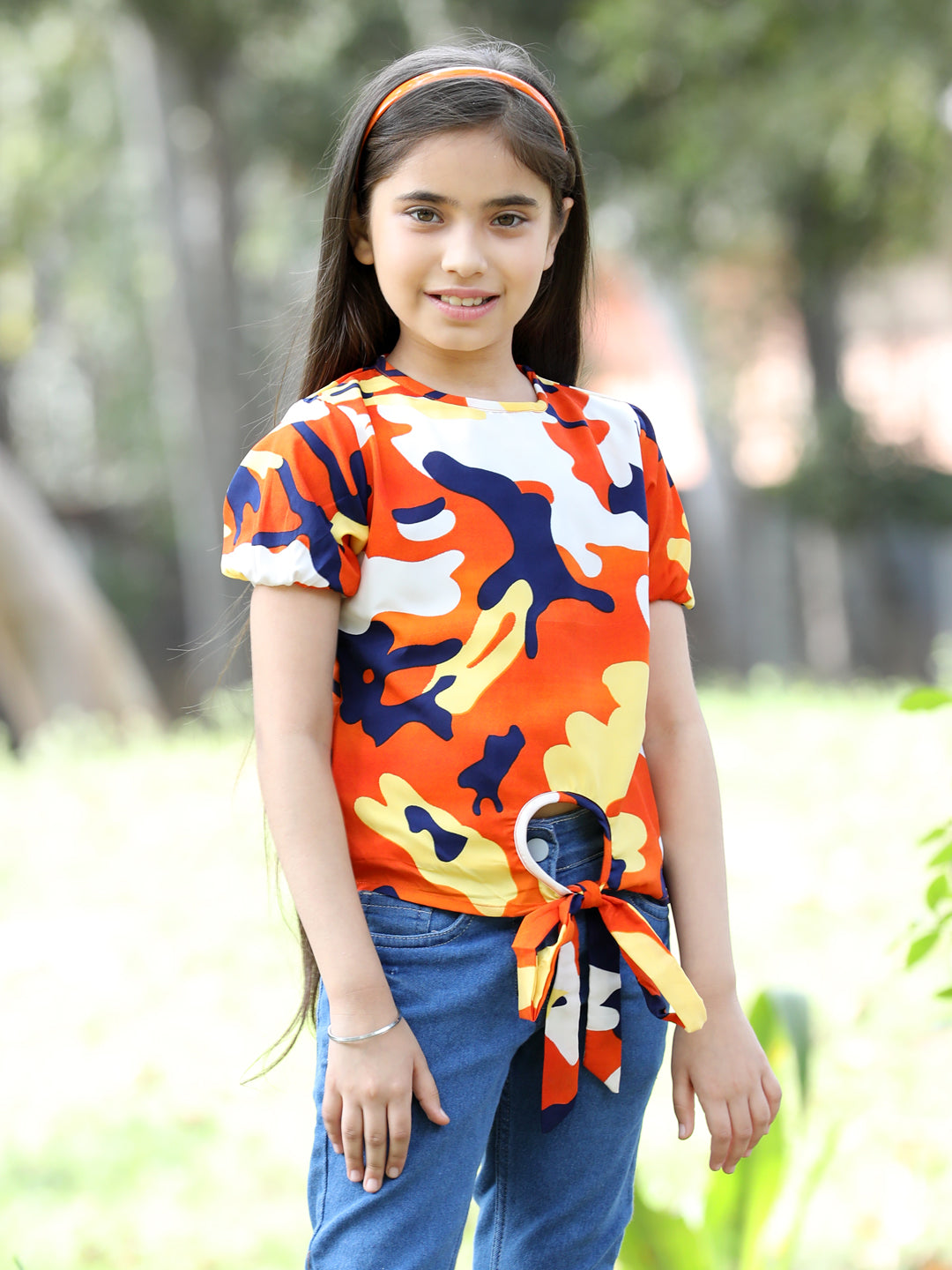Cutiekins Printed Round Neck Polyester Top-Orange & White