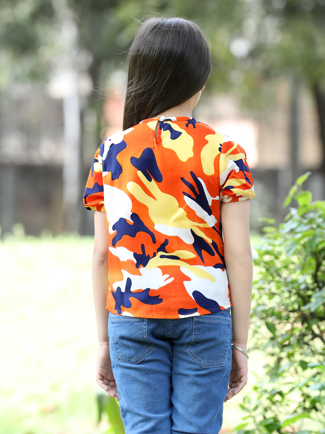 Cutiekins Printed Round Neck Polyester Top-Orange & White
