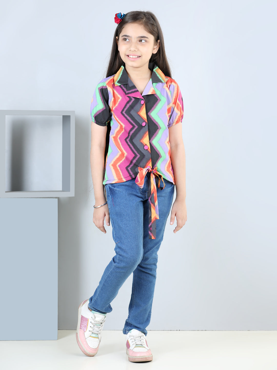 Cutiekins Printed Coller Neck Polyester Top-Multicolor