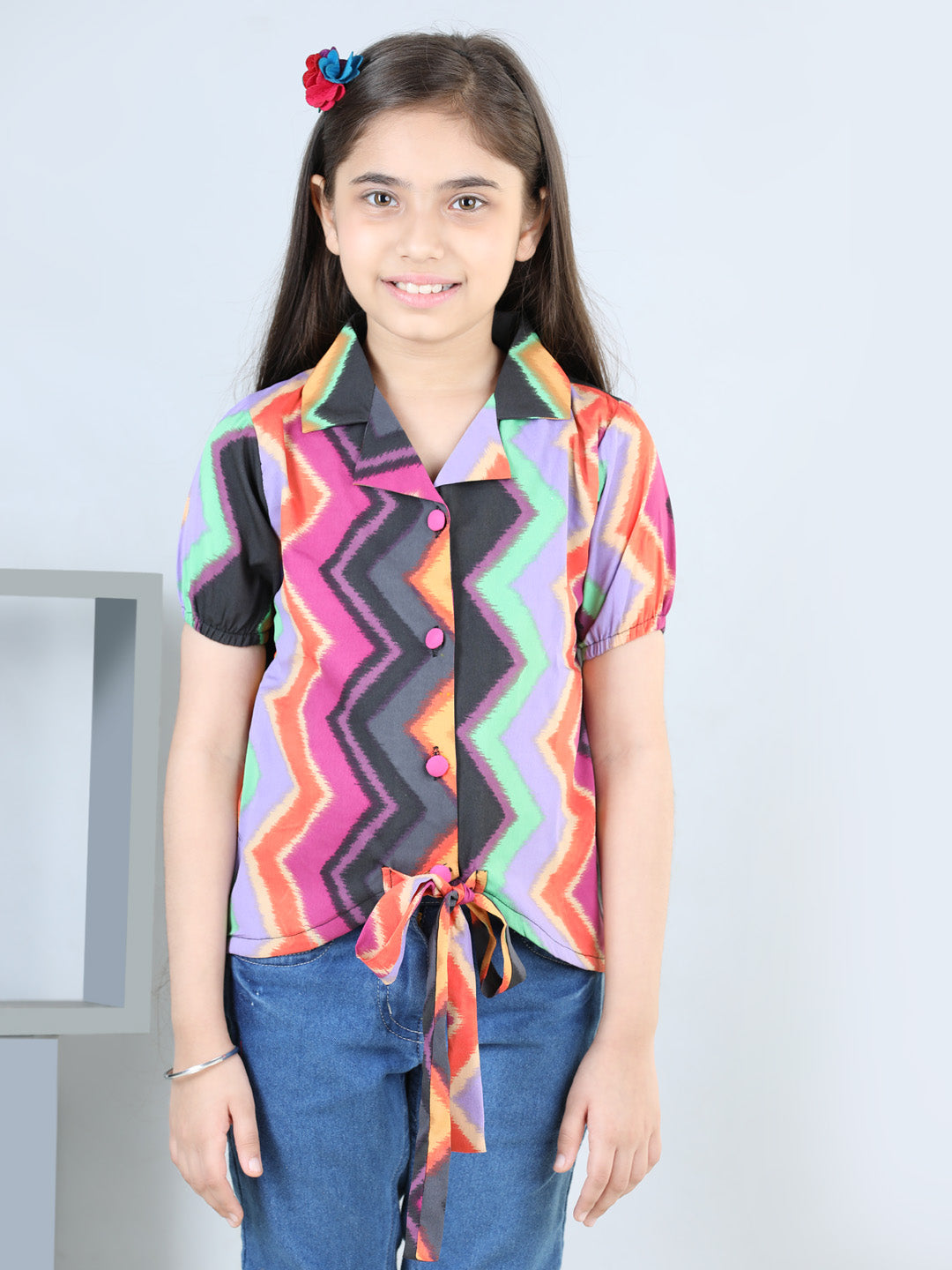Cutiekins Printed Coller Neck Polyester Top-Multicolor