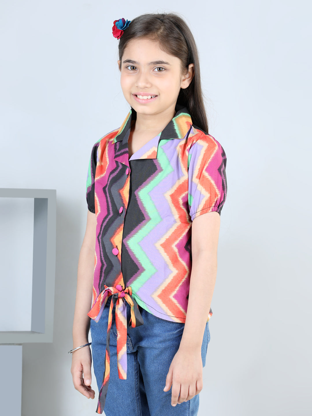 Cutiekins Printed Coller Neck Polyester Top-Multicolor