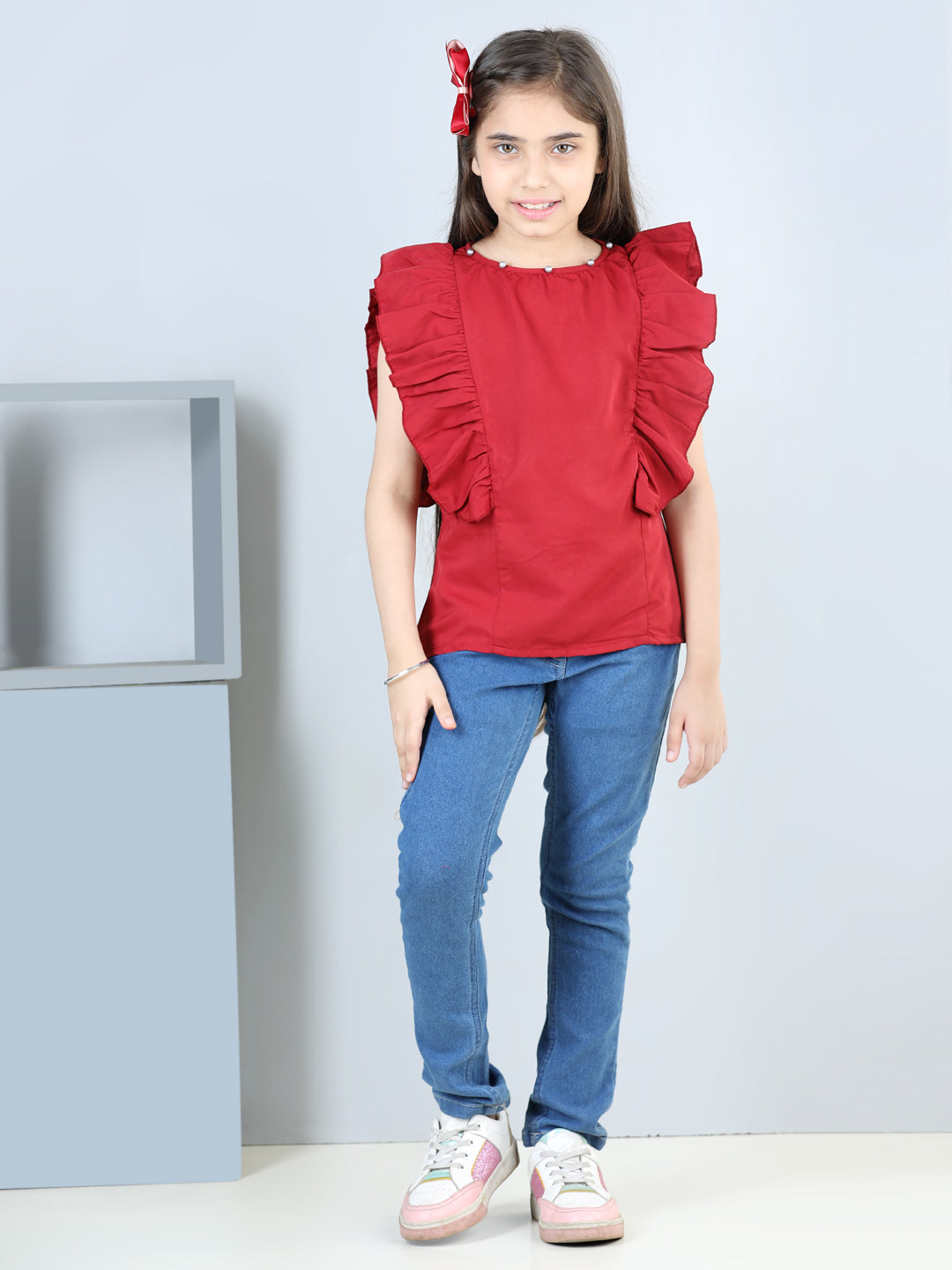 Cutiekins Printed Round Neck Polyester Top-Red