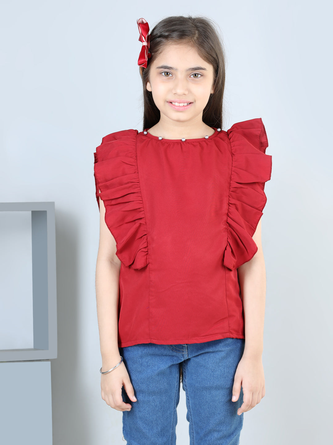 Cutiekins Printed Round Neck Polyester Top-Red