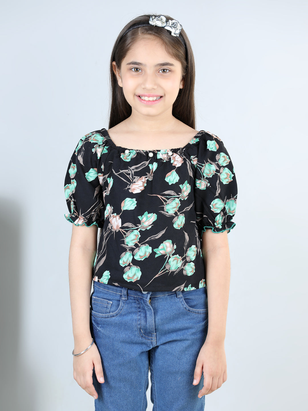 Cutiekins Printed Round Neck Polyester Top-Black & Blue