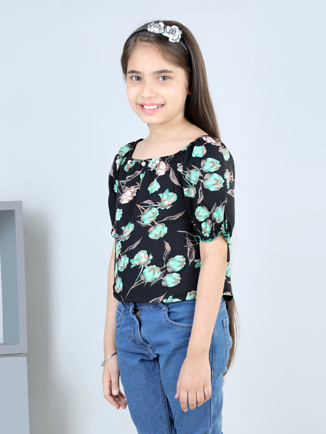 Cutiekins Printed Round Neck Polyester Top-Black & Blue