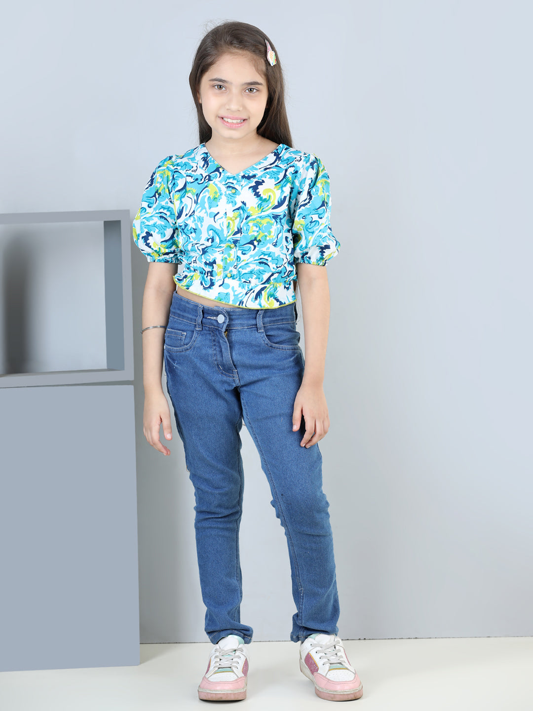 Cutiekins Printed V Neck Polyester Top-Sky Blue & White