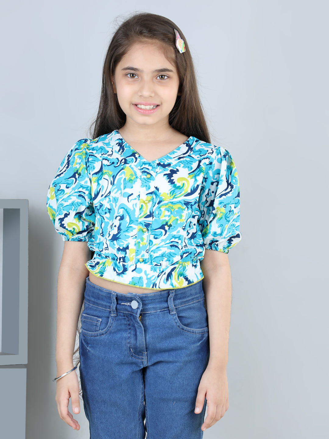 Cutiekins Printed V Neck Polyester Top-Sky Blue & White