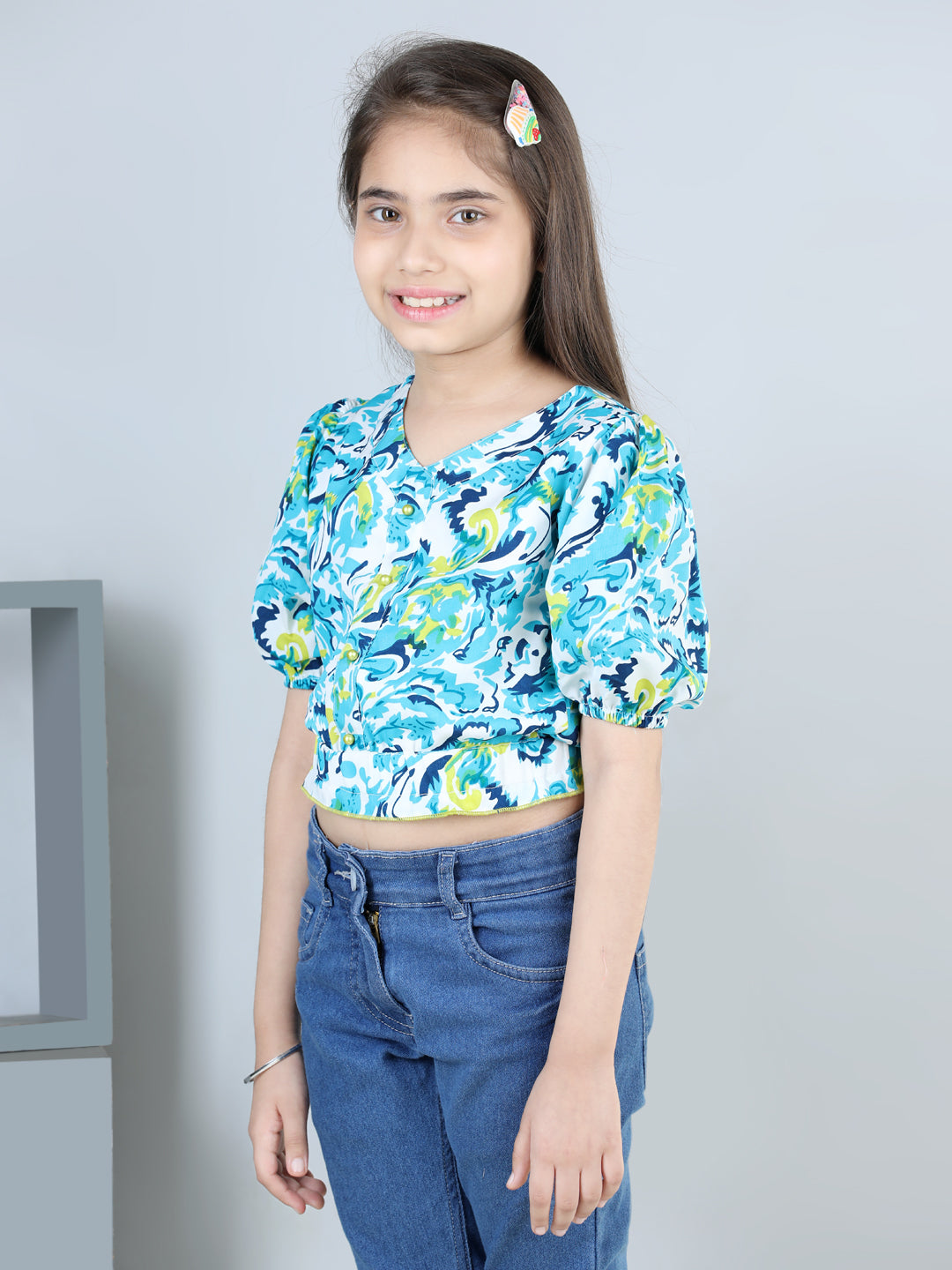 Cutiekins Printed V Neck Polyester Top-Sky Blue & White