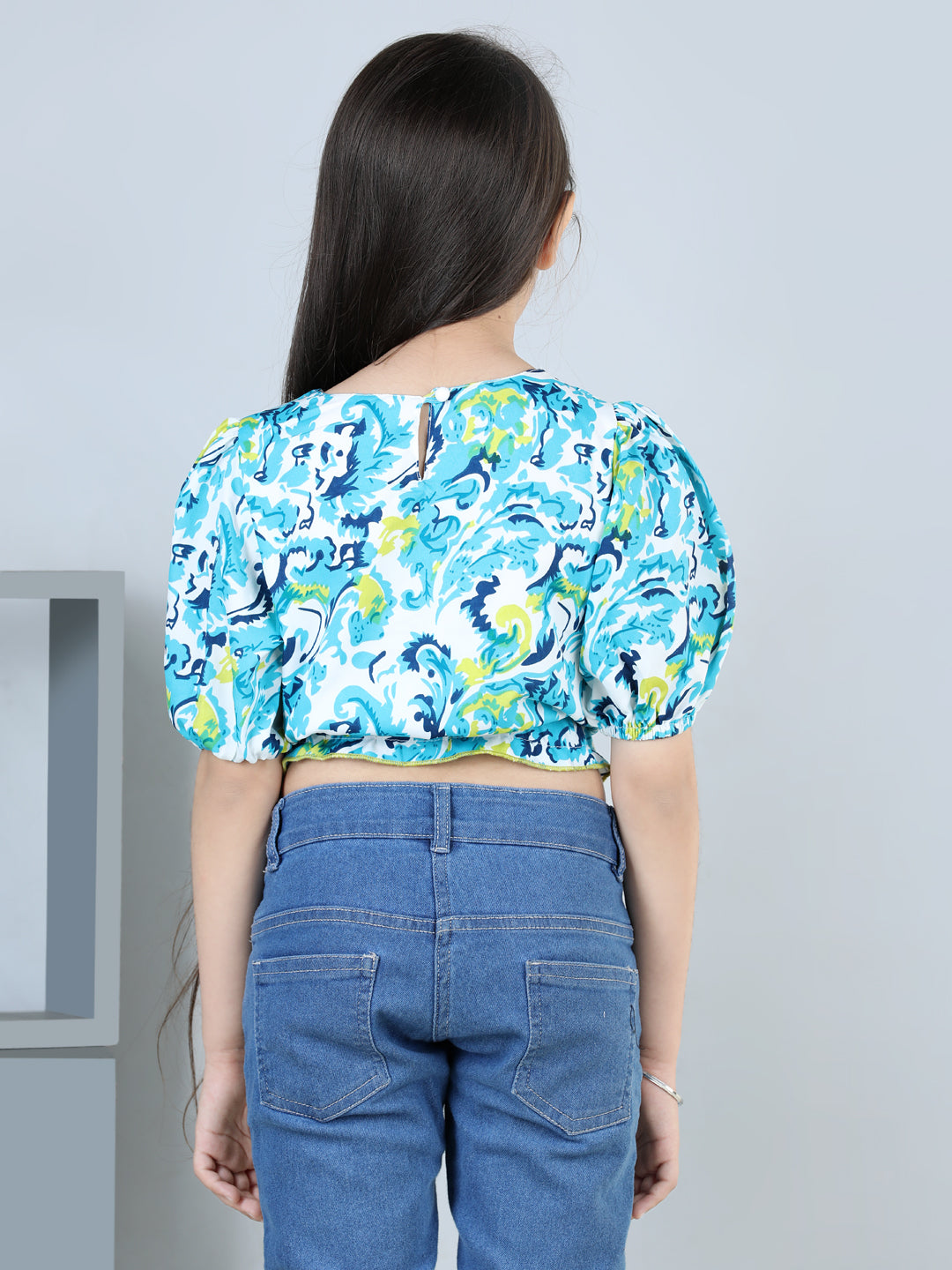 Cutiekins Printed V Neck Polyester Top-Sky Blue & White