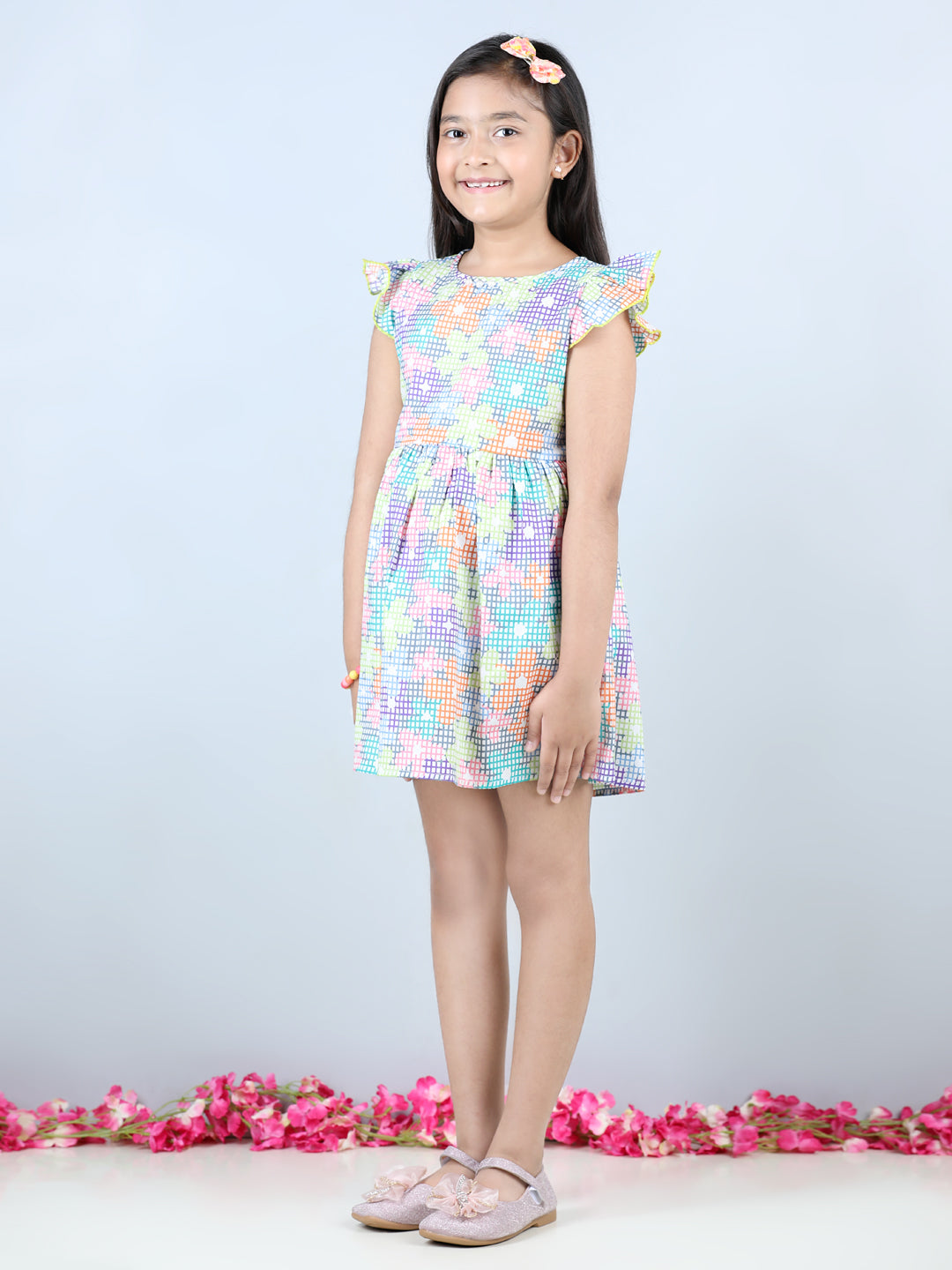Cutiekins Stripe & Floral Printed Frilled Sleeves Dress- Multicolour