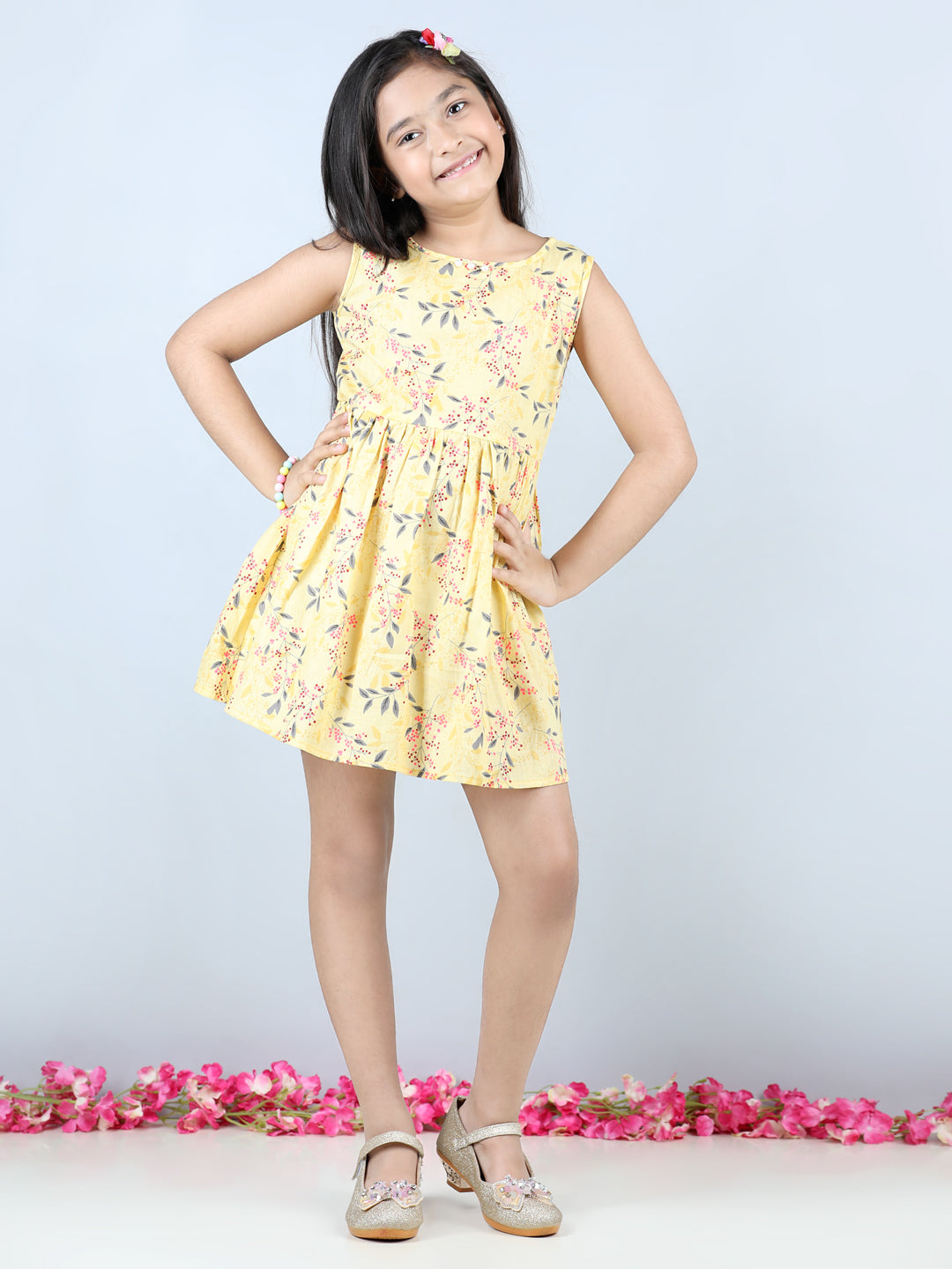 Cutiekins Floral & Dot Printed Sleevless Dress- Yellow & Grey