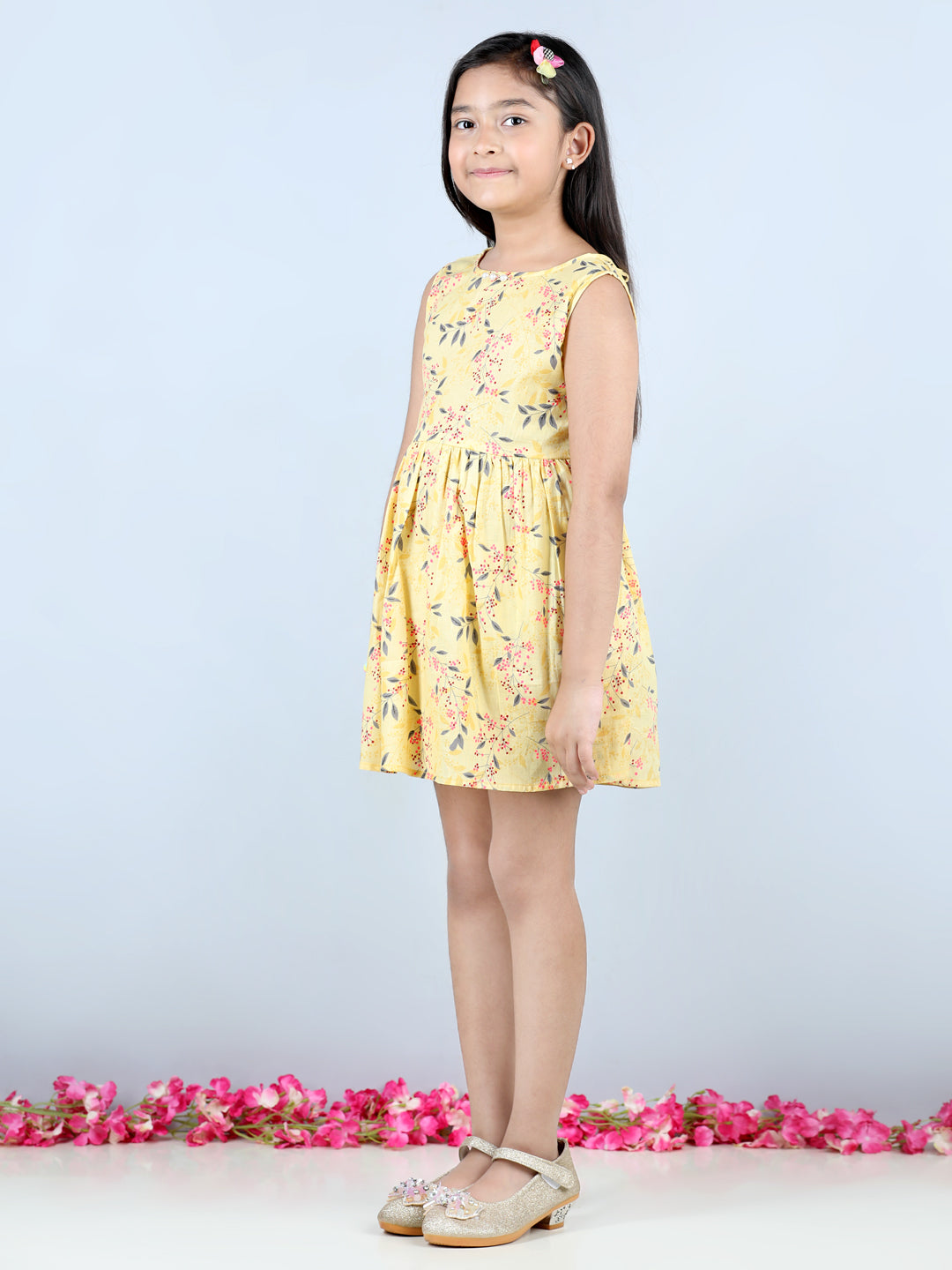 Cutiekins Floral & Dot Printed Sleevless Dress- Yellow & Grey