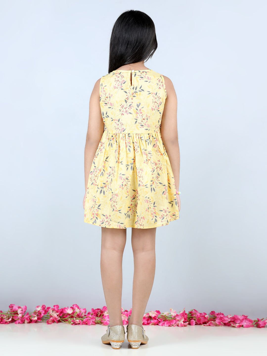 Cutiekins Floral & Dot Printed Sleevless Dress- Yellow & Grey