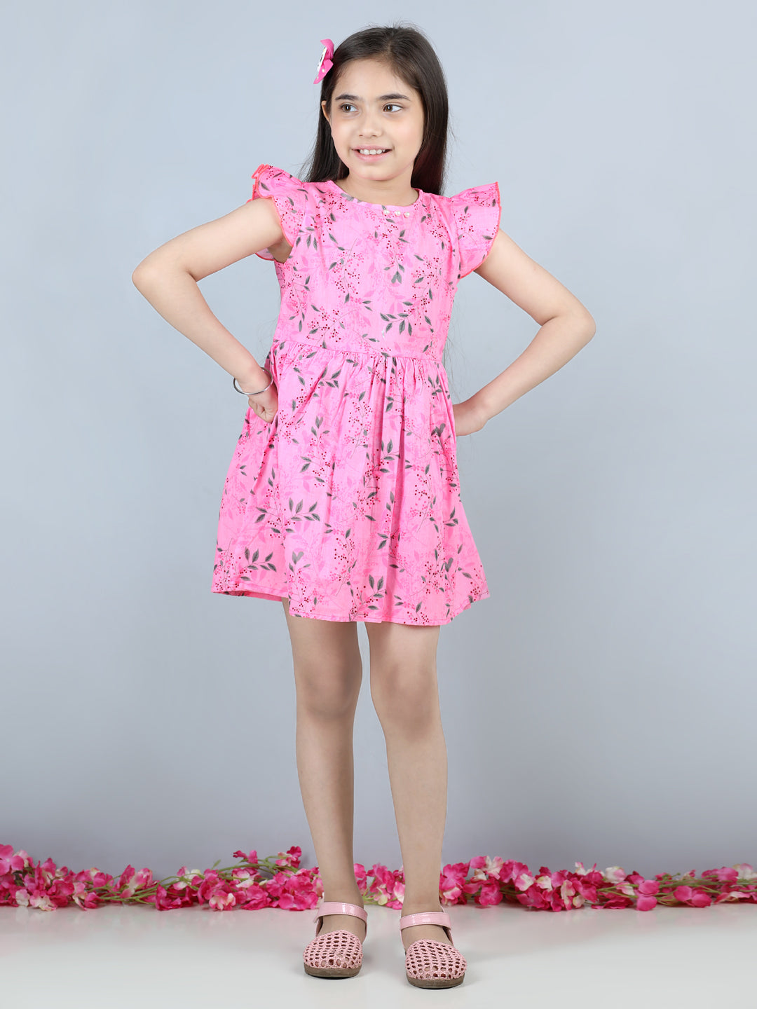 Cutiekins Leaf & Dots Printed Frilled Sleeves Dress-Pink & Grey