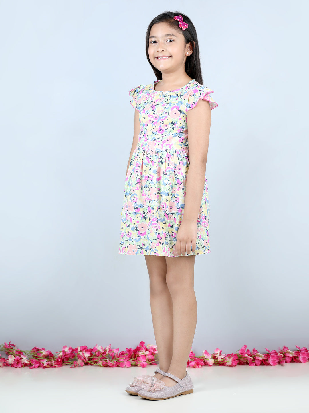 Cutiekins Floral Printed Frilled Sleeves Dress-Multicolour