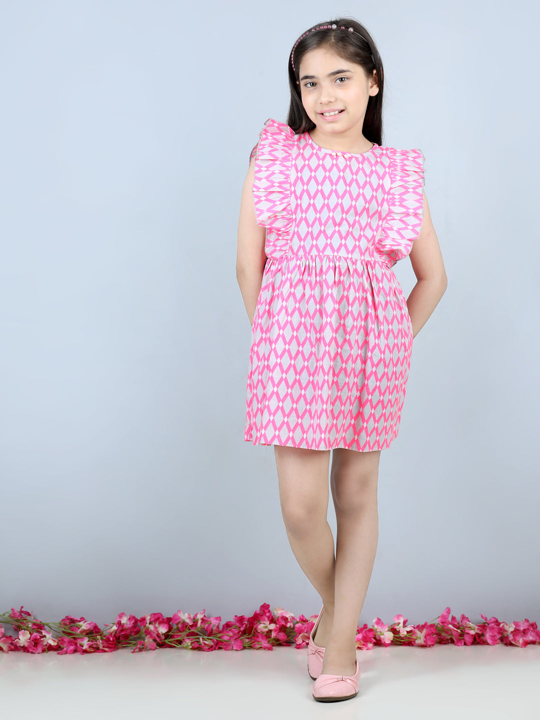 Cutiekins Geometric Printed Side Frilled Sleevless Dress-Grey & Pink