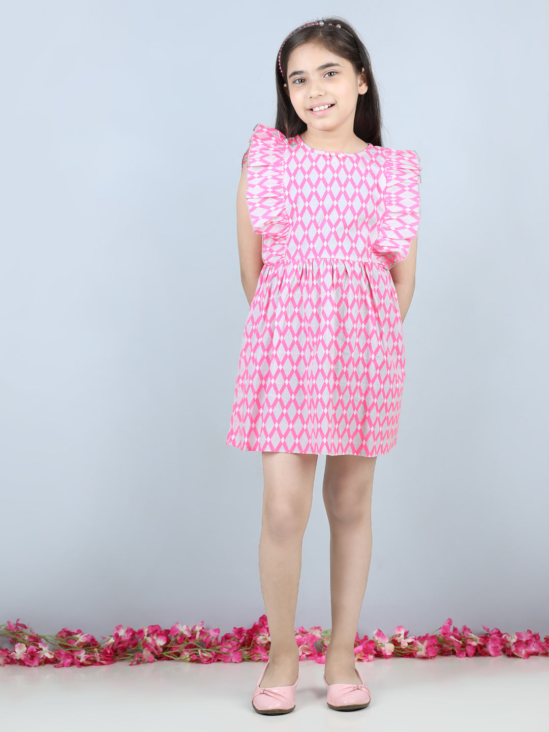 Cutiekins Geometric Printed Side Frilled Sleevless Dress-Grey & Pink