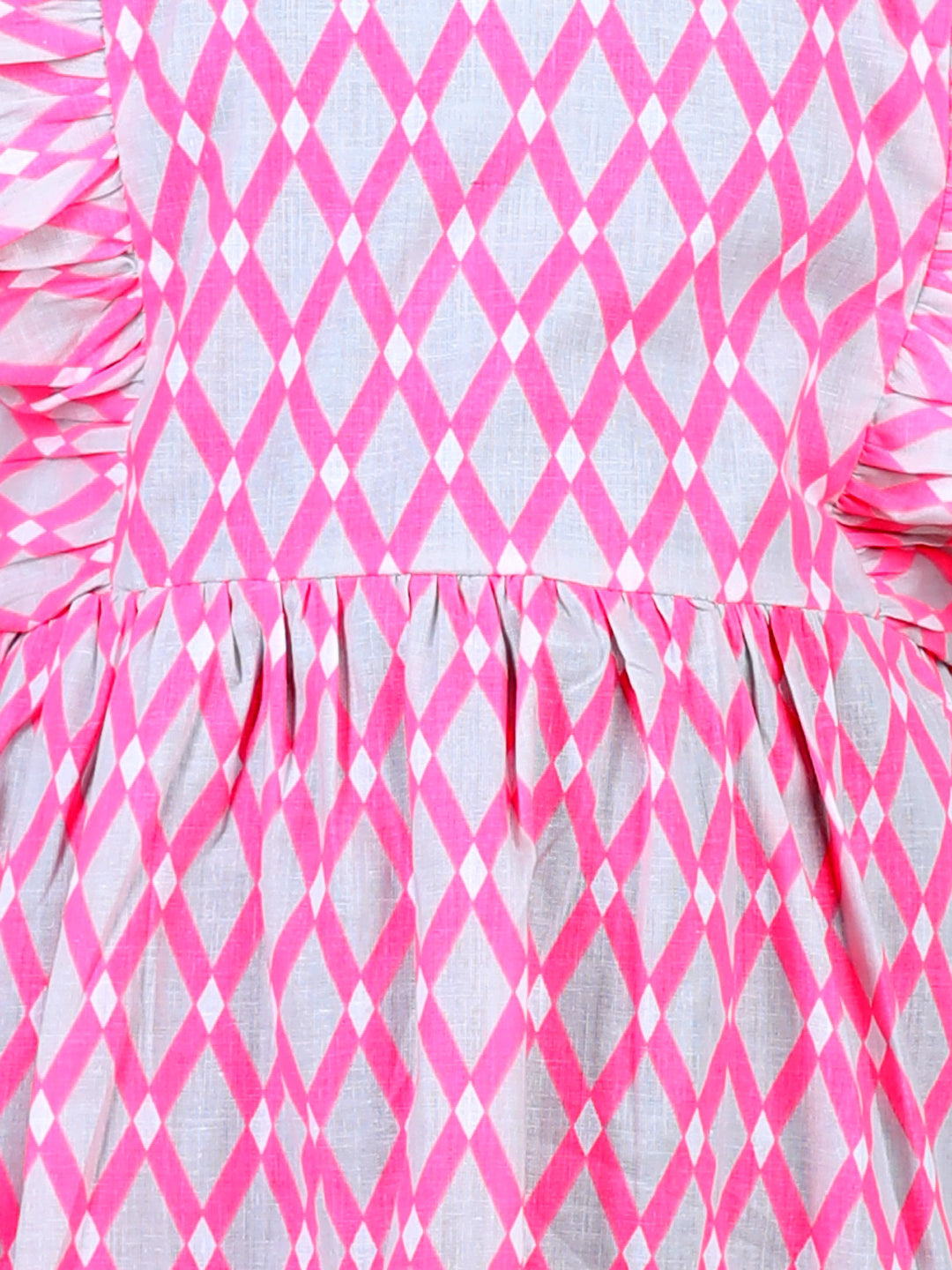 Cutiekins Geometric Printed Side Frilled Sleevless Dress-Grey & Pink