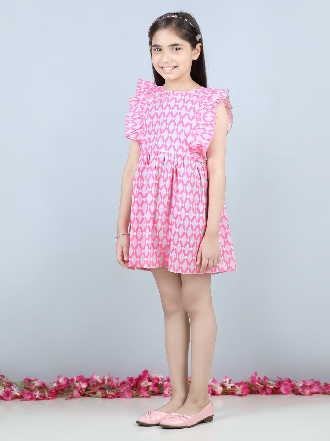 Cutiekins Geometric Printed Side Frilled Sleevless Dress-Grey & Pink