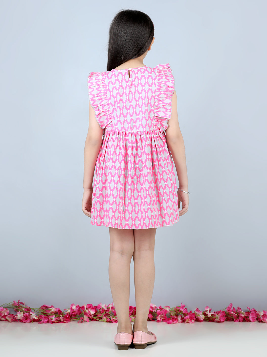 Cutiekins Geometric Printed Side Frilled Sleevless Dress-Grey & Pink