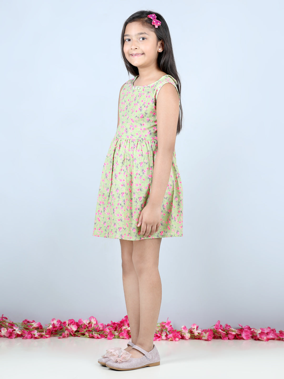 Cutiekins Floral Printed Sleevless Dress- Green & Pink