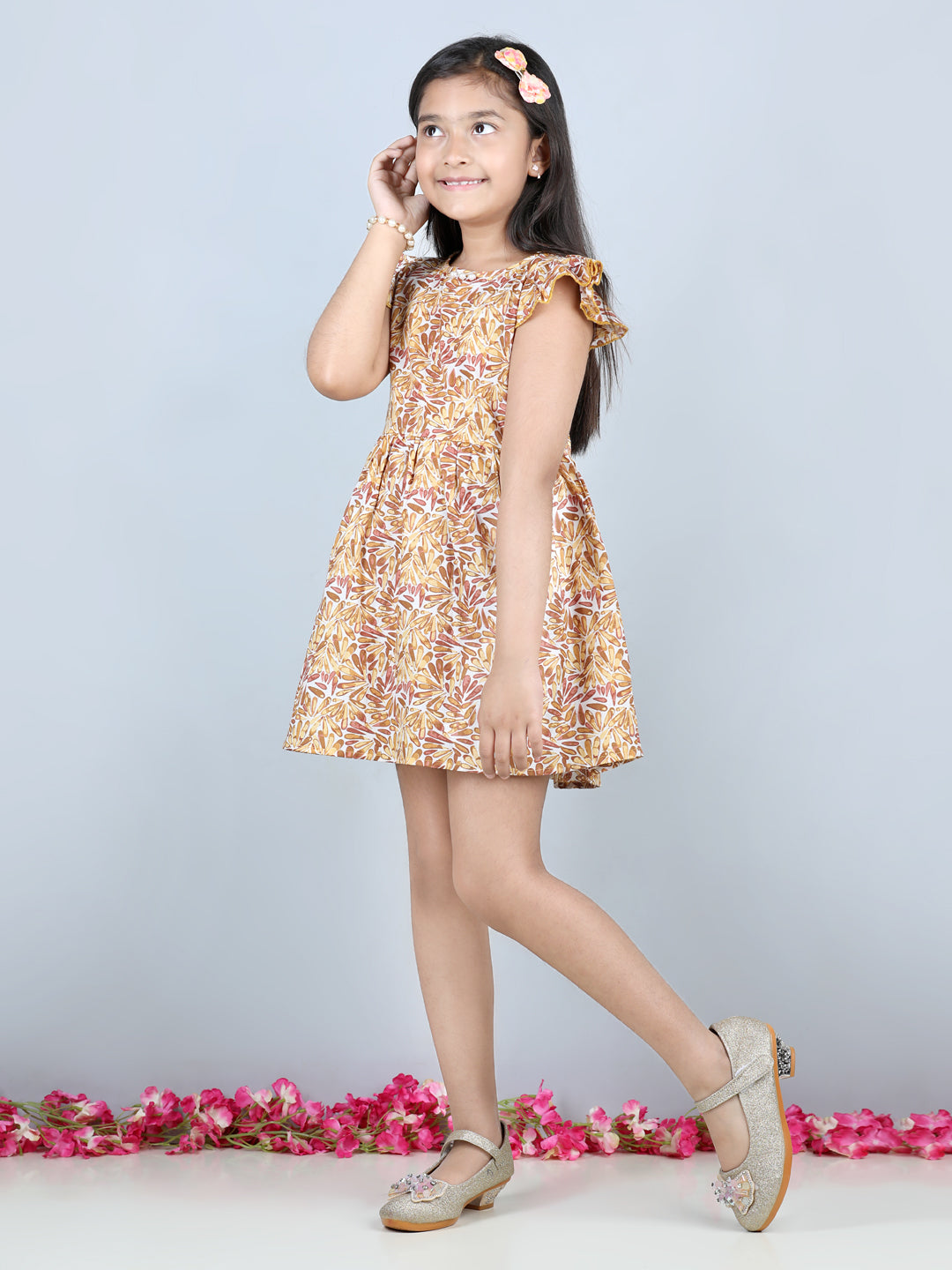 Cutiekins Geometric Printed Frilled Sleeves Dress-Yellow & Brown