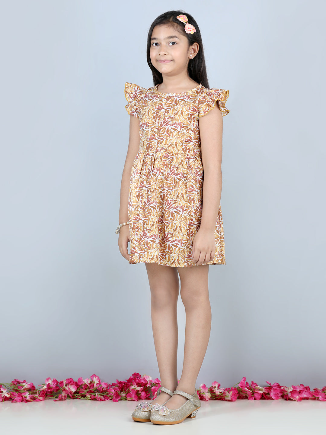 Cutiekins Geometric Printed Frilled Sleeves Dress-Yellow & Brown